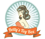 Betty's Toy Box Logo - illustration of pin-up style woman with long dark hair on white/green background